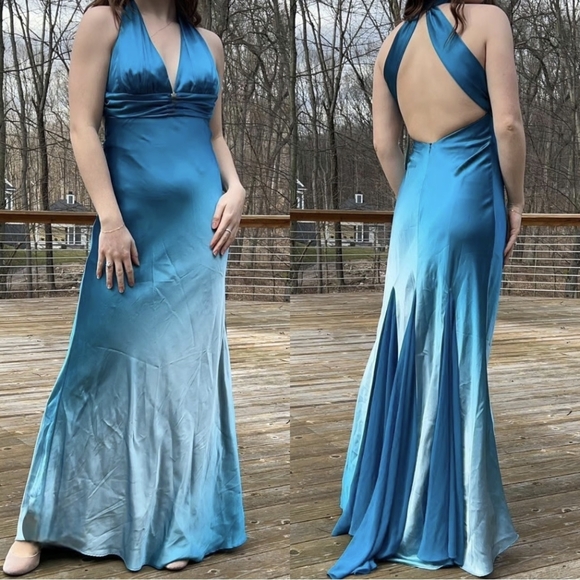 NEW 90 Y2K Betsy Adam Halter Formal Gown Dress 22W Blue Ombre Satin Prom Wedding - Picture 1 of 16